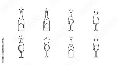 Collection of celebratory champagne bottles and glasses in a charming silhouette style