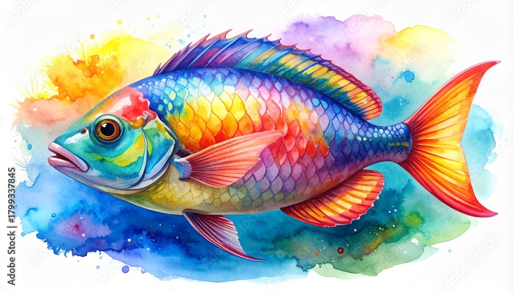 Fototapeta premium Realistic watercolor painting of a colorful fish on white background, artistic marine life illustration.