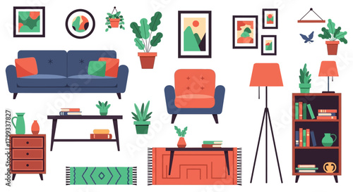modern home furniture and decor elements flat vector illustration for contemporary interior design and home furnishing.