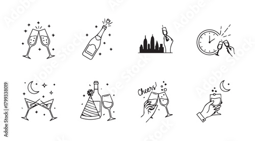 New year s eve celebration icons featuring champagne toast and cityscape silhouette