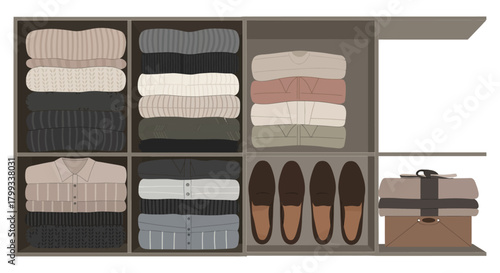 neatly organized wardrobe displaying folded clothes shoes and storage ideal for home organization decluttering and minimalist living.