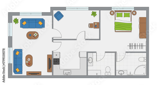one bedroom apartment floor plan with furnished interior design layout modern top-down view for real estate and architectural design.