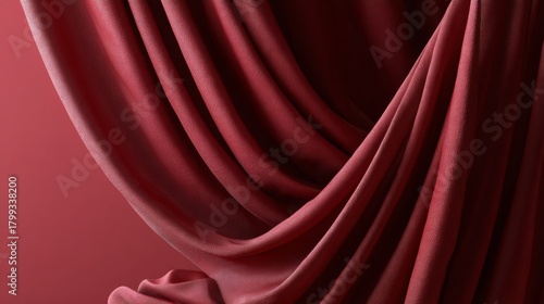 Draped velvet red curtain texture flowing over soft studio background