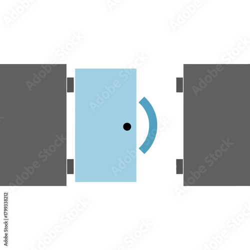 plan view of a blue door with handle and opening arrow ideal for architectural floor plans interior design and building design.