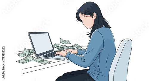 Woman Working on Laptop Surrounded by Money.