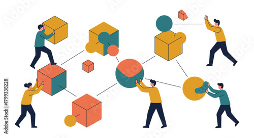 people collaborating to connect isometric shapes and puzzle elements in a network symbolizing teamwork strategic solutions.