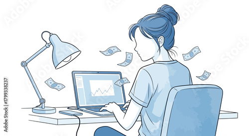 Woman Working on Laptop with Money Falling Around.