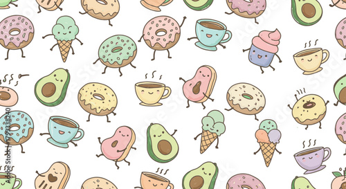 Playful kawaii food pattern donuts coffee avocados ice cream and cupcakes create a fun delicious background for food blogs and cheerful designs.