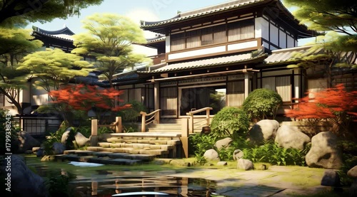 Serene japanese garden visualization, tranquility and cultural heritage showcase, peaceful zen