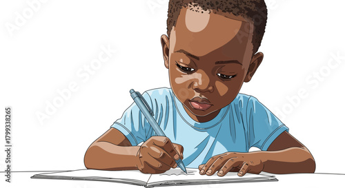Young Boy Concentrating on Writing in a Notebook.