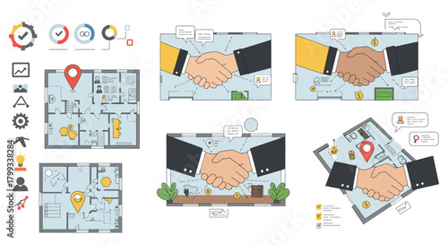 Real estate deal shaking hands over floor plan design conveying property investment agreement and teamwork in property development projects perfect for business.