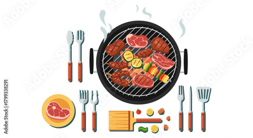 Preparing a delicious bbq grill with steak sausages and vegetables in the outdoor kitchen area perfect for summer grilling and outdoor dining.