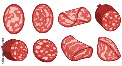 sliced sausage and salami in various cuts isolated on white showcasing different textures perfect for deli menus and food packaging.