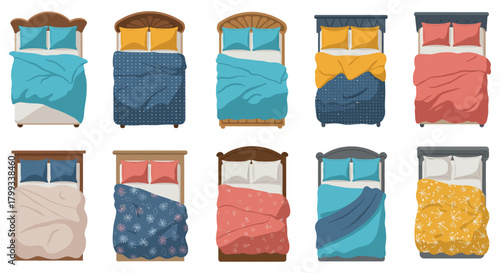 Stylish beds arranged from top view perfect for interior design projects showcasing bedroom furniture arrangement modern household and cozy line art.