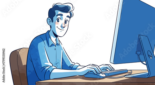 Man working on computer with focused expression.