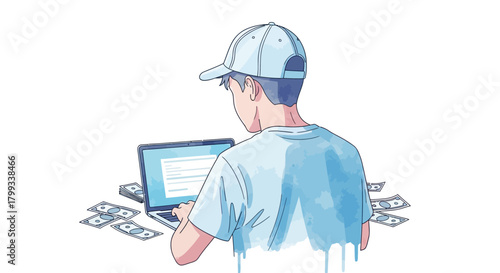 Man Working on Laptop Surrounded by Money Online Business Success.