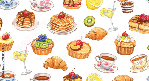 Sweet treats pattern delightful pastries croissants and tea cups illustration ideal for dessert shop background cafe menu design or bakery advertising.
