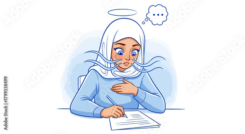 Muslim Woman in Hijab Concentrating on Writing with Halo.