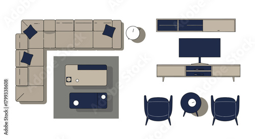 top view modern living room furniture layout featuring a stylish sectional sofa and media console perfect for interior design concepts.