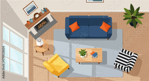 top view modern living room layout with furniture fireplace and window natural light ideal for home design.