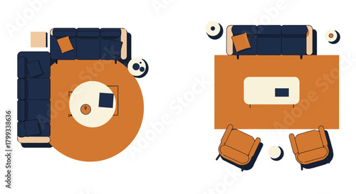 top view modern living room furniture plan layouts illustrating diverse interior design options for home decor and real estate development.