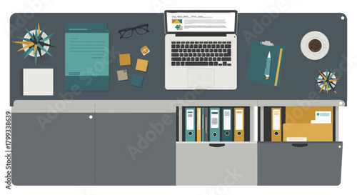top view modern office desk with laptop organized documents and open file cabinet illustrating remote work office organization and productivity.