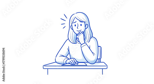 Woman at Desk Thinking with Exclamation Point Illustration.