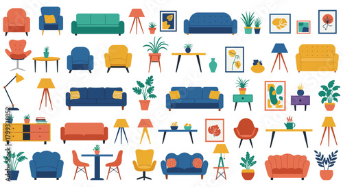 Modern furniture arrangement featuring sofas armchairs and plants for interior design projects creating a cozy and stylish home environment