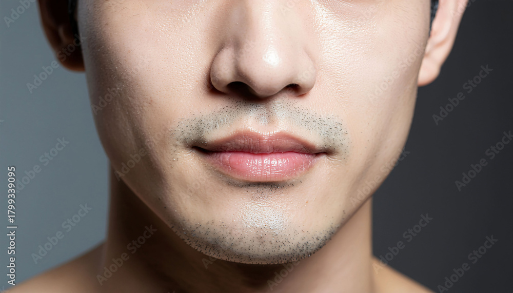 Fototapeta premium Captivating close-up of a man's lips and nose, showcasing clear, healthy skin and a subtle stubble for a natural, masculine aesthetic.