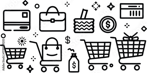 Shopping cart icons: credit card, briefcase, shopping bag, coin, and gift basket