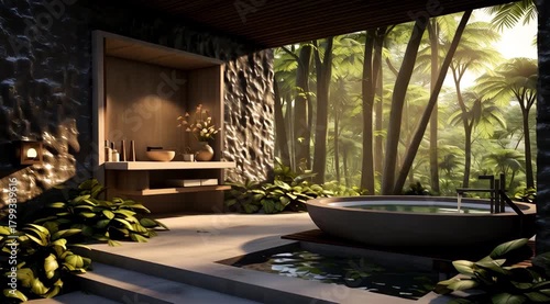 Serene tropical sanctuary: Bathtub surrounded by lush greenery and tranquil water features,