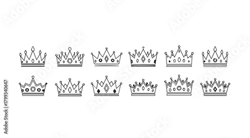 Collection of ornate crown silhouettes in a precise row silhouette