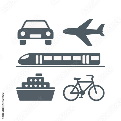 Various Transportation Methods Silhouette Icons: Car, Plane, Train, Ship, and Bicycle.