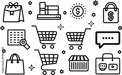 Shopping cart and e-commerce icons collection on white background