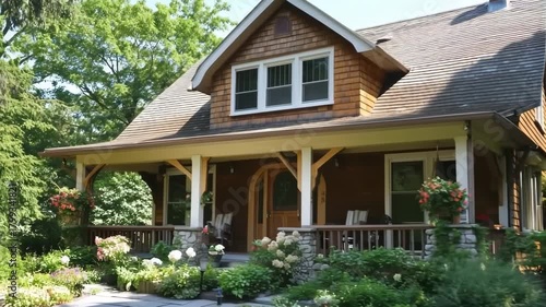 Wallpaper Mural A charming wooden cape cod house with a front porch, surrounded by lush greenery and colorful flowers Torontodigital.ca