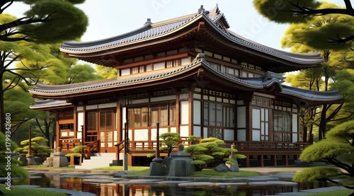 Tranquil Japanese Building video featuring a Temple Surrounded by lush greenery and pond