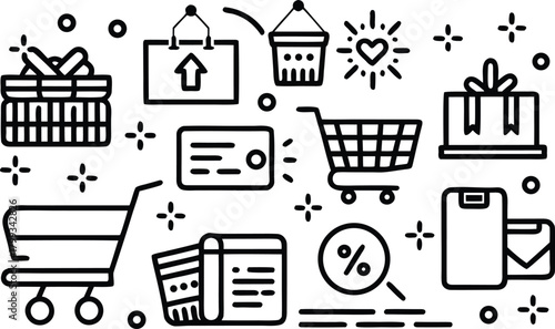 Shopping icons: cart, gifts, credit card, smartphone, receipt, discount
