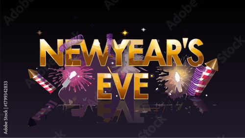 New year's eve celebration with fireworks and champagne bottles on a dark background with stars