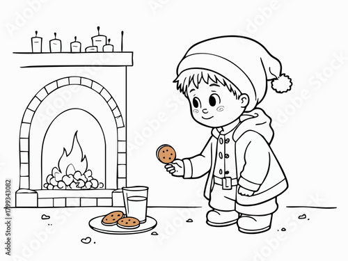 Child Leaving Cookies and Milk for Santa by Fireplace