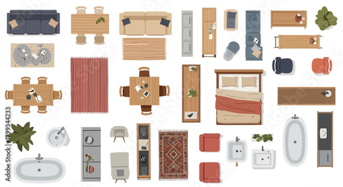 a comprehensive top view collection of modern furniture and interior items ideal for architectural floor plans and home layout design.