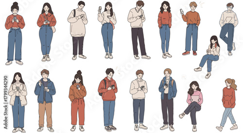 a diverse group of young adults using smartphones in various casual poses illustrating modern digital communication and everyday technology use.