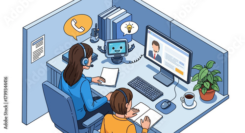 customer service agent training colleague with an ai robot in modern office showcasing technology-enhanced support and collaborative learning.