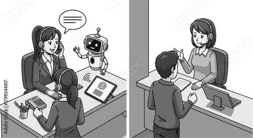 customer service agents demonstrate diverse support ai robot integration in call centers and traditional face-to-face desk interactions.