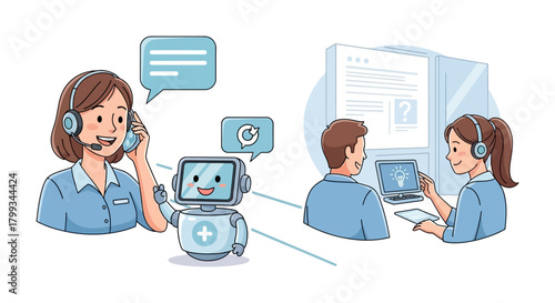 customer service agent and ai robot collaborate with a team to deliver digital solutions showcasing modern helpdesk efficiency.