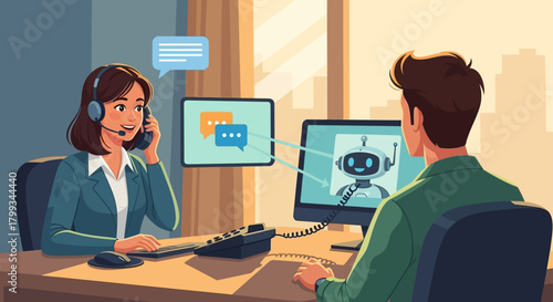 customer support agent and ai chatbot collaborate to provide online assistance to clients highlighting modern hybrid communication.