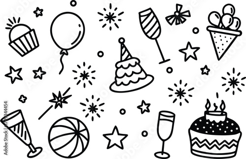 Hand drawn celebration icons: cake, balloon, stars, and champagne glasses
