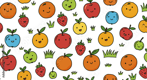 cute fruit characters pattern happy apples oranges strawberries and grass on white ideal for childrens healthy food design.