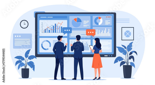 data analysis team collaborating on a digital dashboard reviewing market trends and business intelligence for corporate strategy.