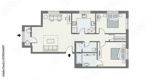 detailed modern apartment floor plan of a three-bedroom two-bathroom residential unit showcasing living spaces and furniture.