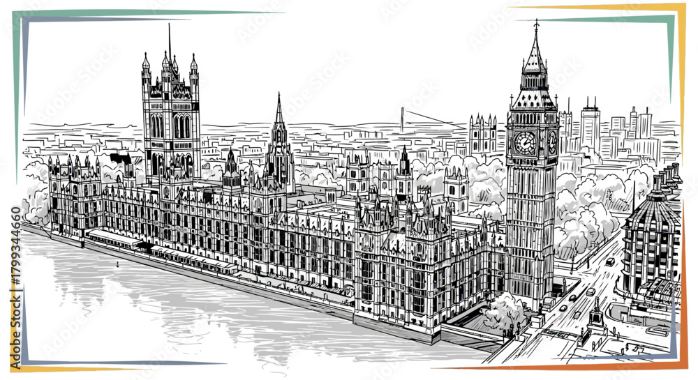 Obraz premium london houses of parliament big ben an intricate hand-drawn sketch of the iconic british landmark by the river thames.